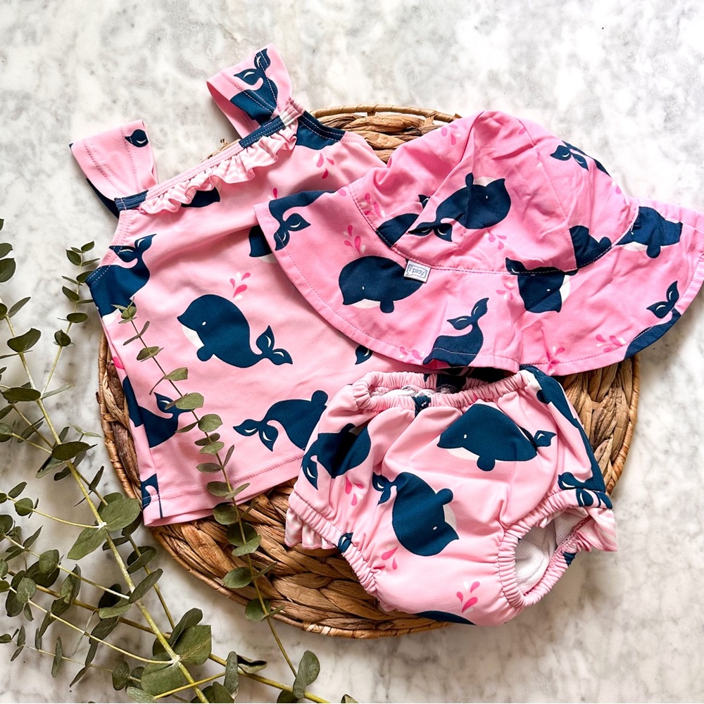 iPlay Baby UPF 50 Pink & Blue Swimsuit, Swim Diaper + Matching Sun Hat - Picture 2 of 5